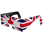 Front-side main angle view of GB solar eclipse glasses, displaying their unique British design.