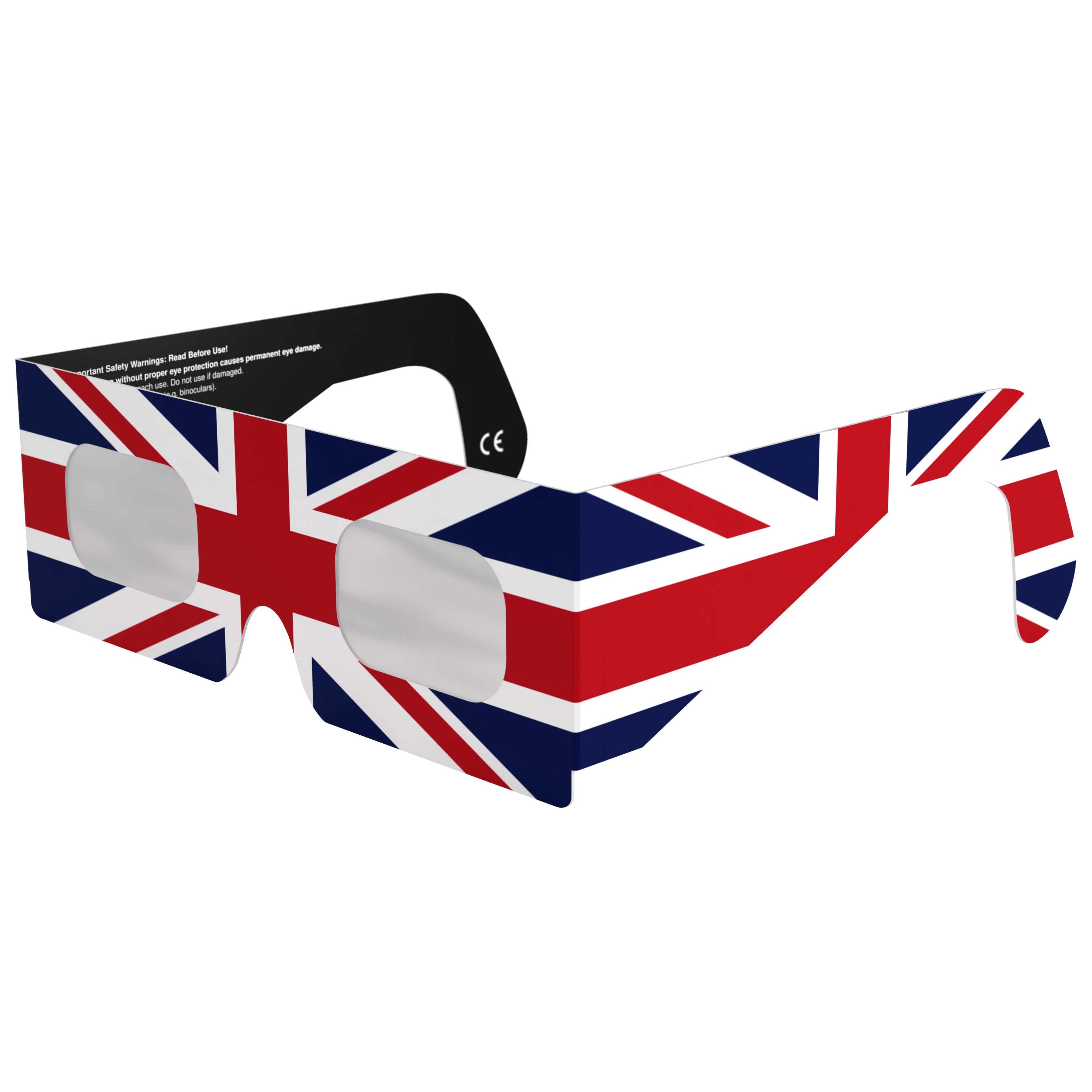 Front-side main angle view of GB solar eclipse glasses, displaying their unique British design.