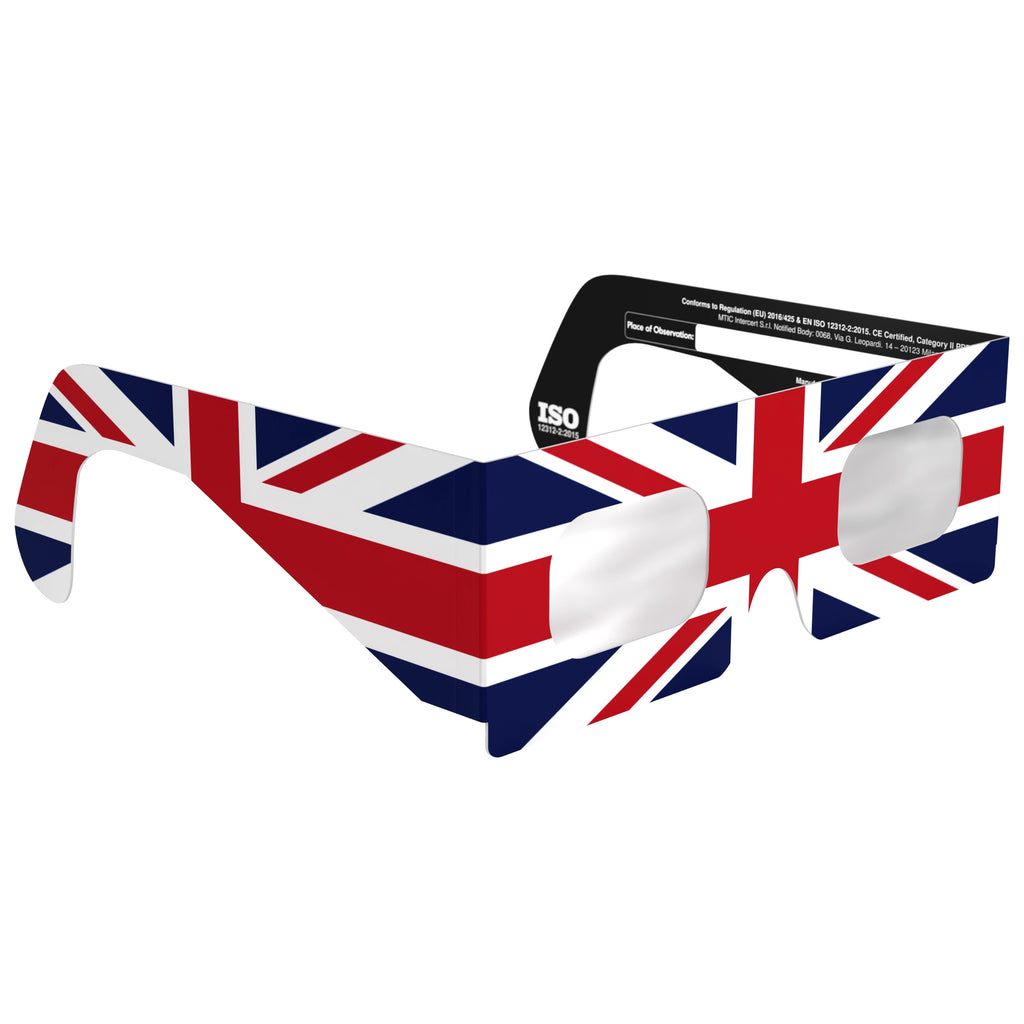 45-degree angle view of GB eclipse glasses, emphasizing their flat lenses and UK flag design.