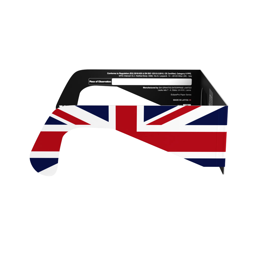 Side profile of GB solar eclipse glasses, showcasing the unique British design and safety features.