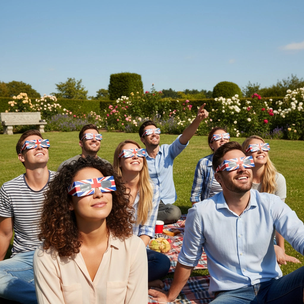 A diverse group of friends gathers in a British garden, all wearing GB eclipse glasses, sharing wonder under a bright sky.