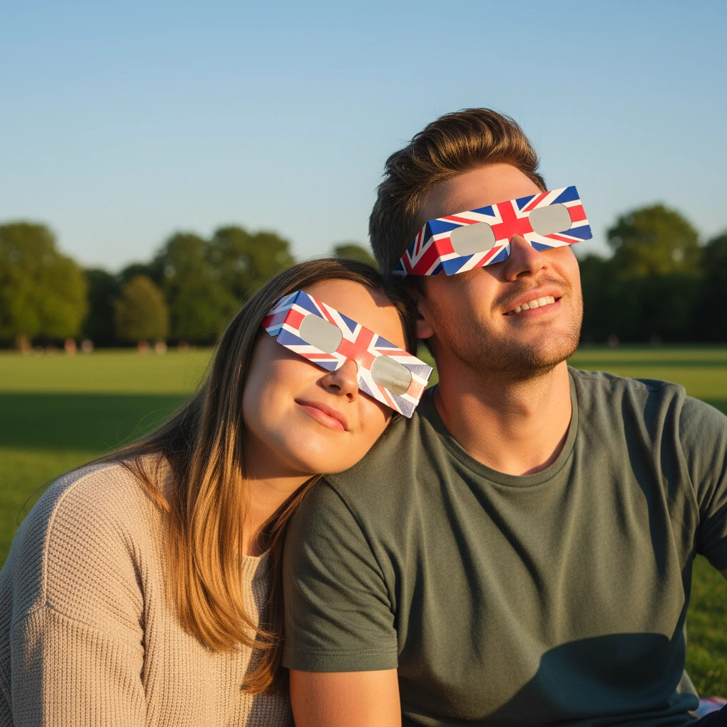 A young couple enjoys a picnic in a London park, both wearing GB eclipse glasses while looking at the sky. Safe for 12 August 2026.