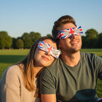 A young couple enjoys a picnic in a London park, both wearing GB eclipse glasses while looking at the sky. Safe for 12 August 2026.