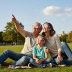 A family enjoys a sunny day in a park, wearing GB solar eclipse glasses while looking up with joy. ISO 12312-2 compliant.