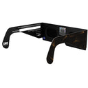 Back-side angle view of goldline glasses with QR sticker, showcasing premium craftsmanship.