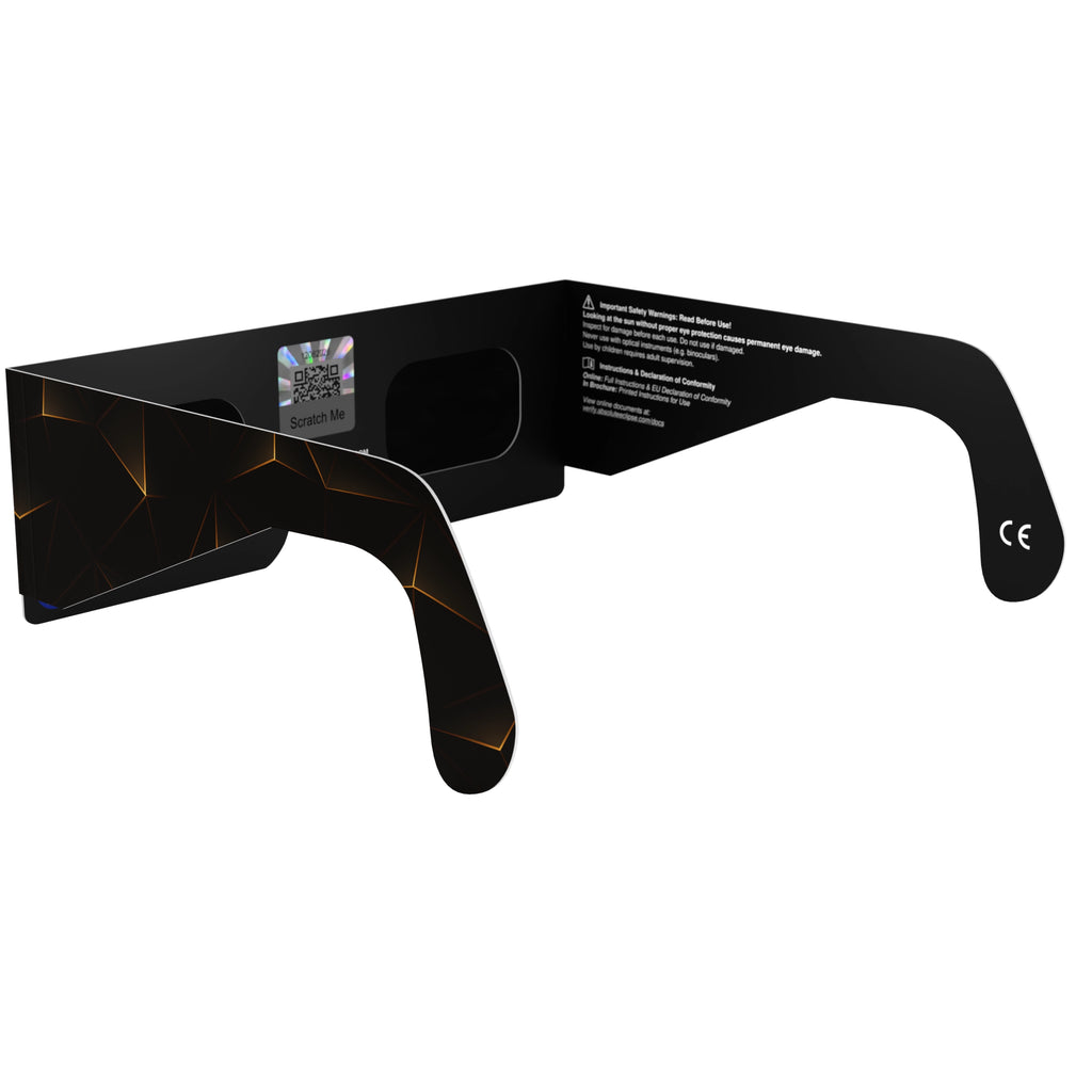 Back-side alternate angle of goldline glasses featuring QR sticker, highlighting the elegant design.