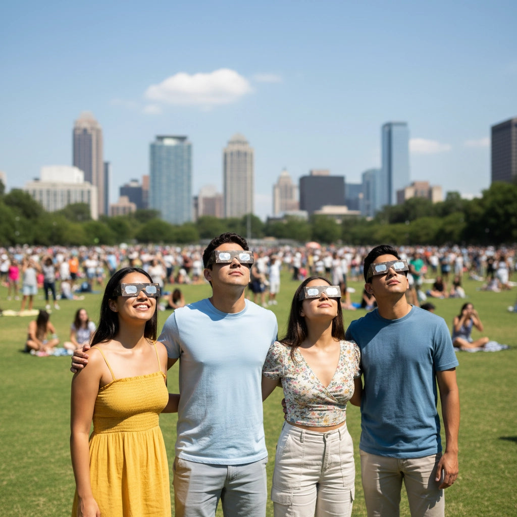 Large crowd at a public viewing event wearing goldline solar eclipse glasses, all looking up with excitement.