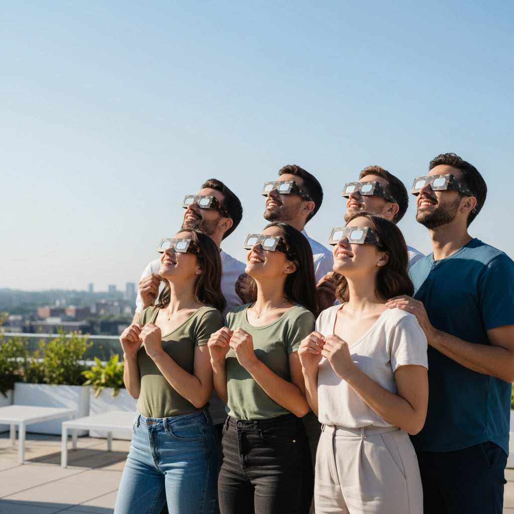 Diverse group of friends wearing goldline glasses on a rooftop, sharing a joyful moment looking at the sky.
