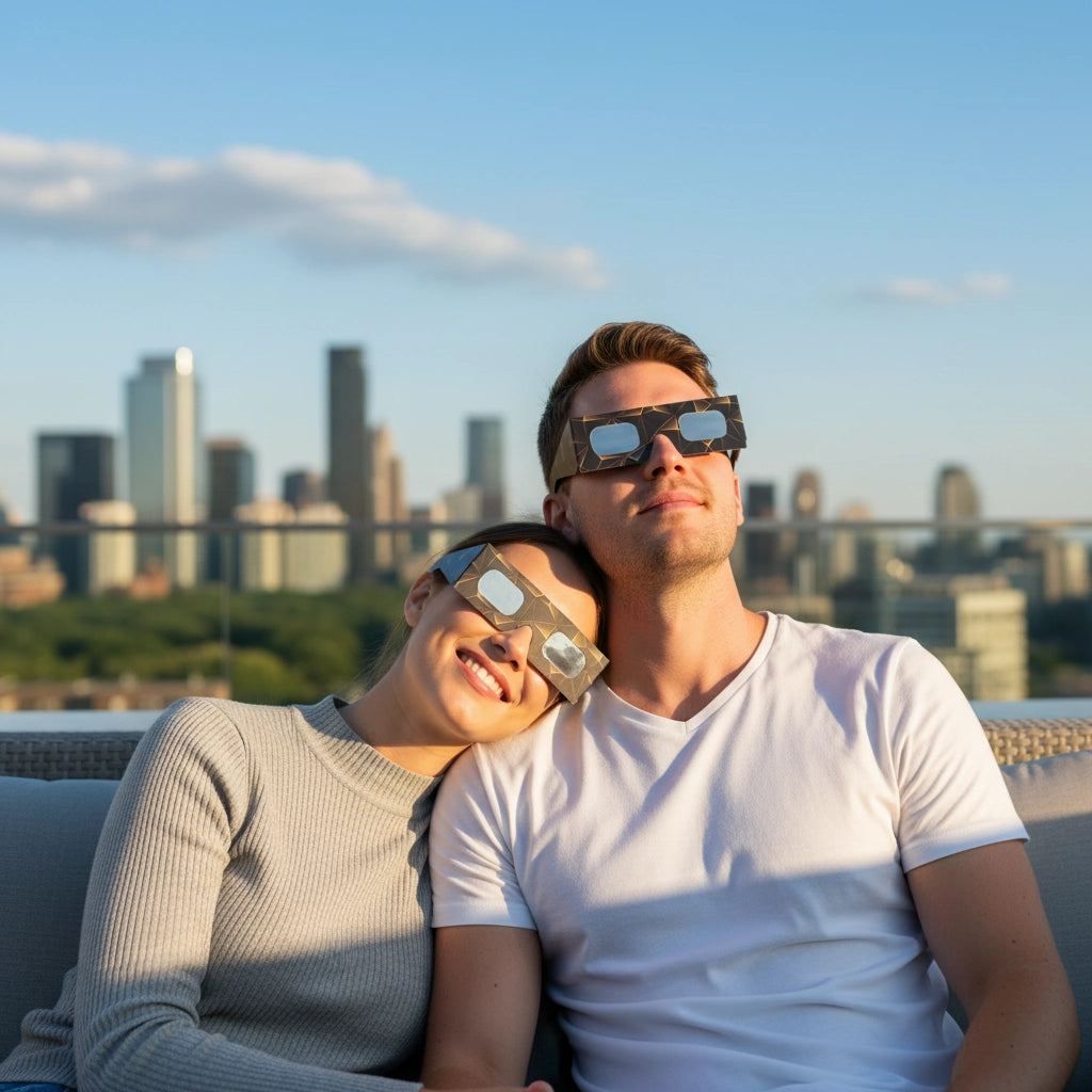 Stylish couple wearing goldline solar eclipse glasses together on a city rooftop, enjoying the view.