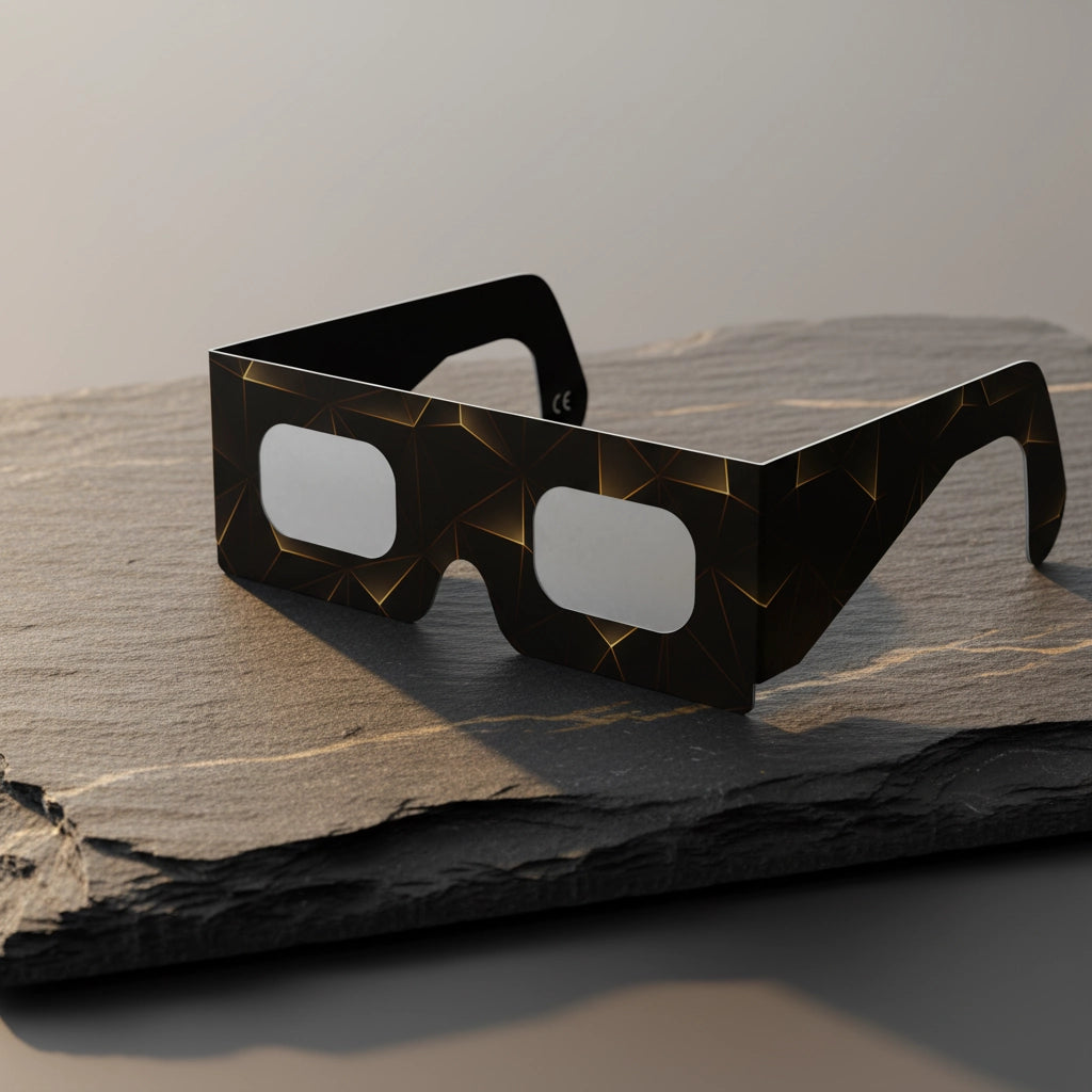 Elegant gold line design solar eclipse glasses on a dark slate slab, CE certified for safe viewing.