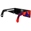 Back-side angle view of Goo design glasses with QR authenticity sticker visible, showcasing the unique design.