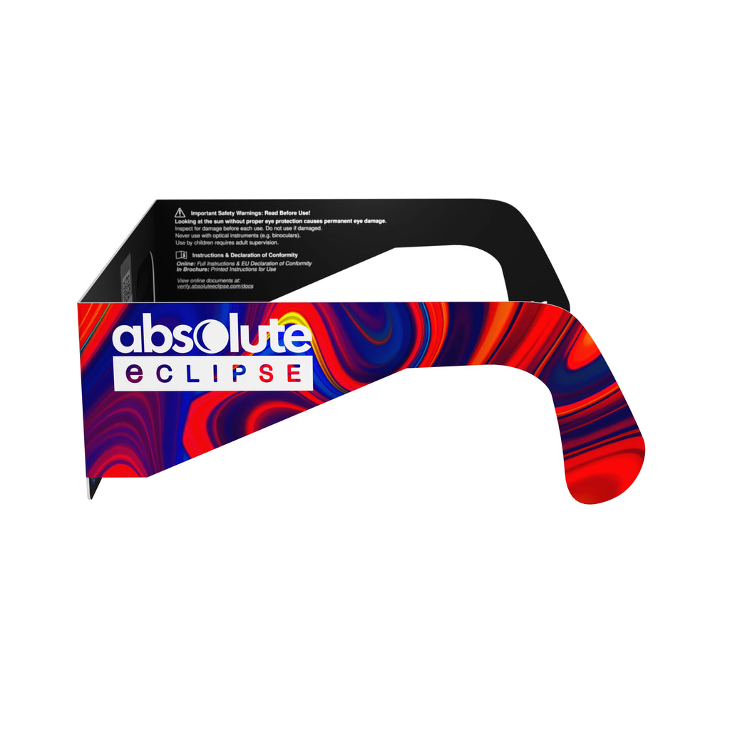 Side alternate profile view of Goo design eclipse glasses, emphasizing the unique fluid art and safety features.