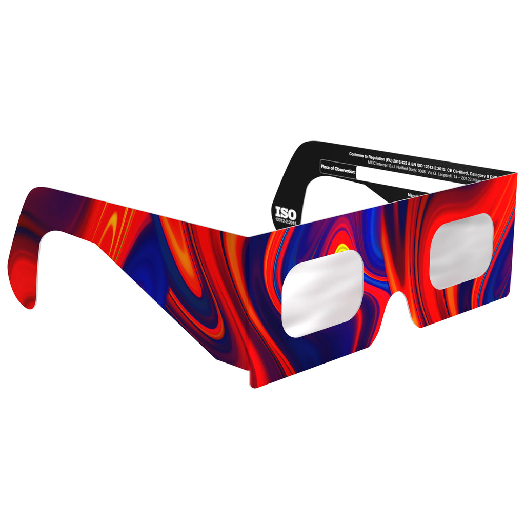 45-degree angle view of Goo design glasses highlighting the unique abstract art design. CE certified for safety.