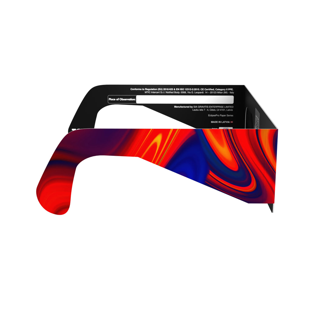 Side profile view of Goo design solar eclipse glasses, emphasizing the fluid art design and safety features.