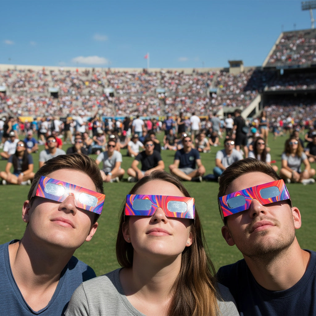 A large crowd at a stadium event, many wearing Goo design glasses and looking skyward in anticipation of the August 12, 2026 eclipse.