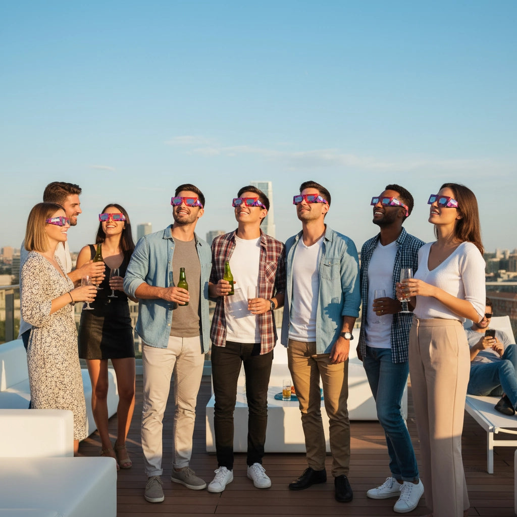 Friends at a rooftop party wearing Goo design glasses, gazing up at the clear blue sky in a moment of wonder.