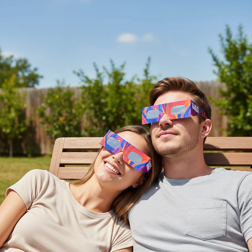 A happy couple wearing Goo design glasses in a sunlit backyard, sharing an awe-inspiring moment. CE certified for safe viewing.