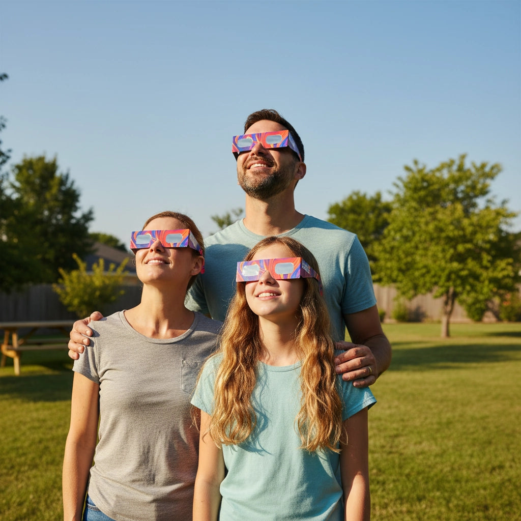 A family of three enjoying time together in their backyard, all wearing Goo design glasses and looking up in awe. Total eclipse on August 12, 2026.