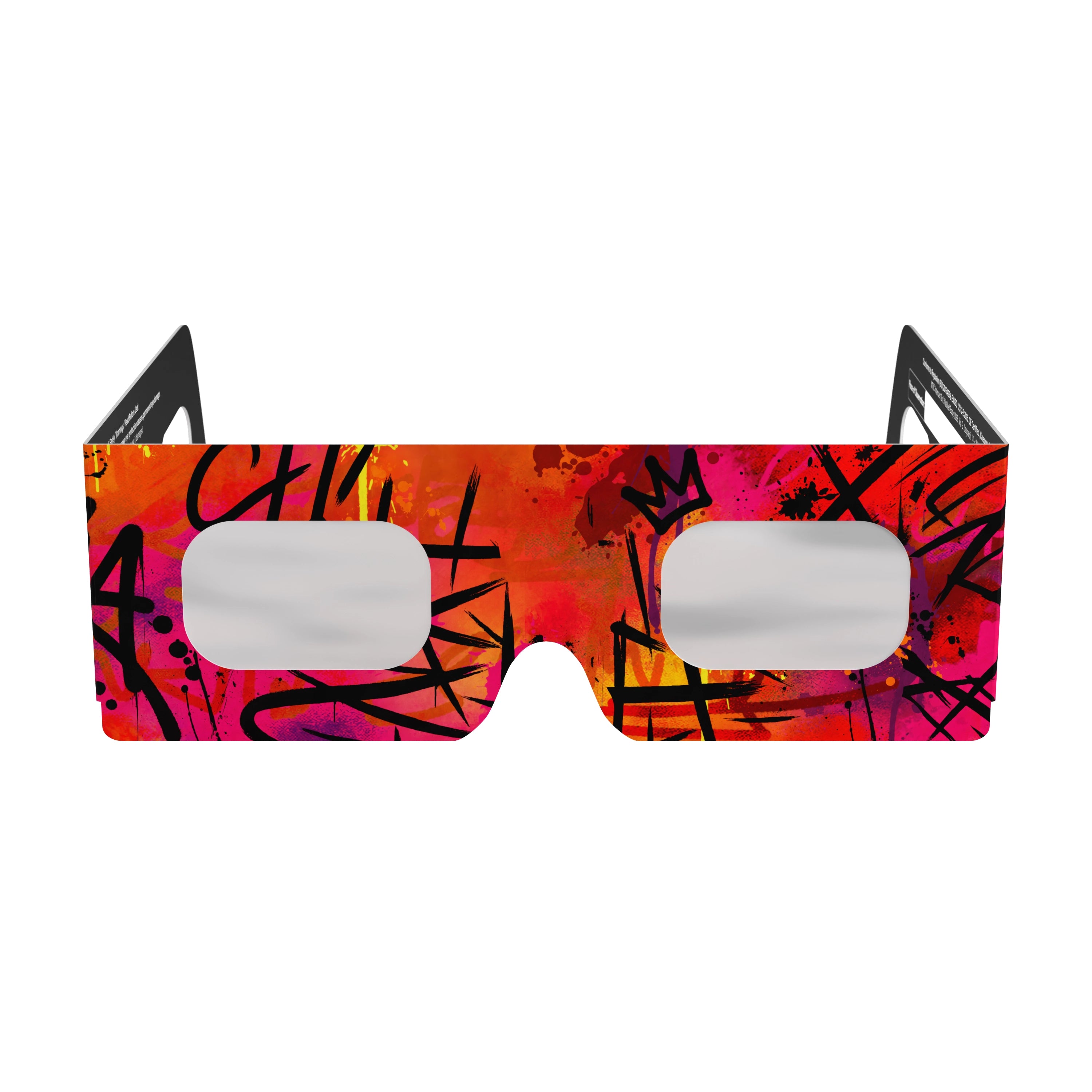 Clean front view of graffiti design solar eclipse glasses showcasing their stylish look and safety features.