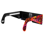 Back-side angle view of graffiti design solar eclipse glasses, featuring the QR sticker for authenticity.
