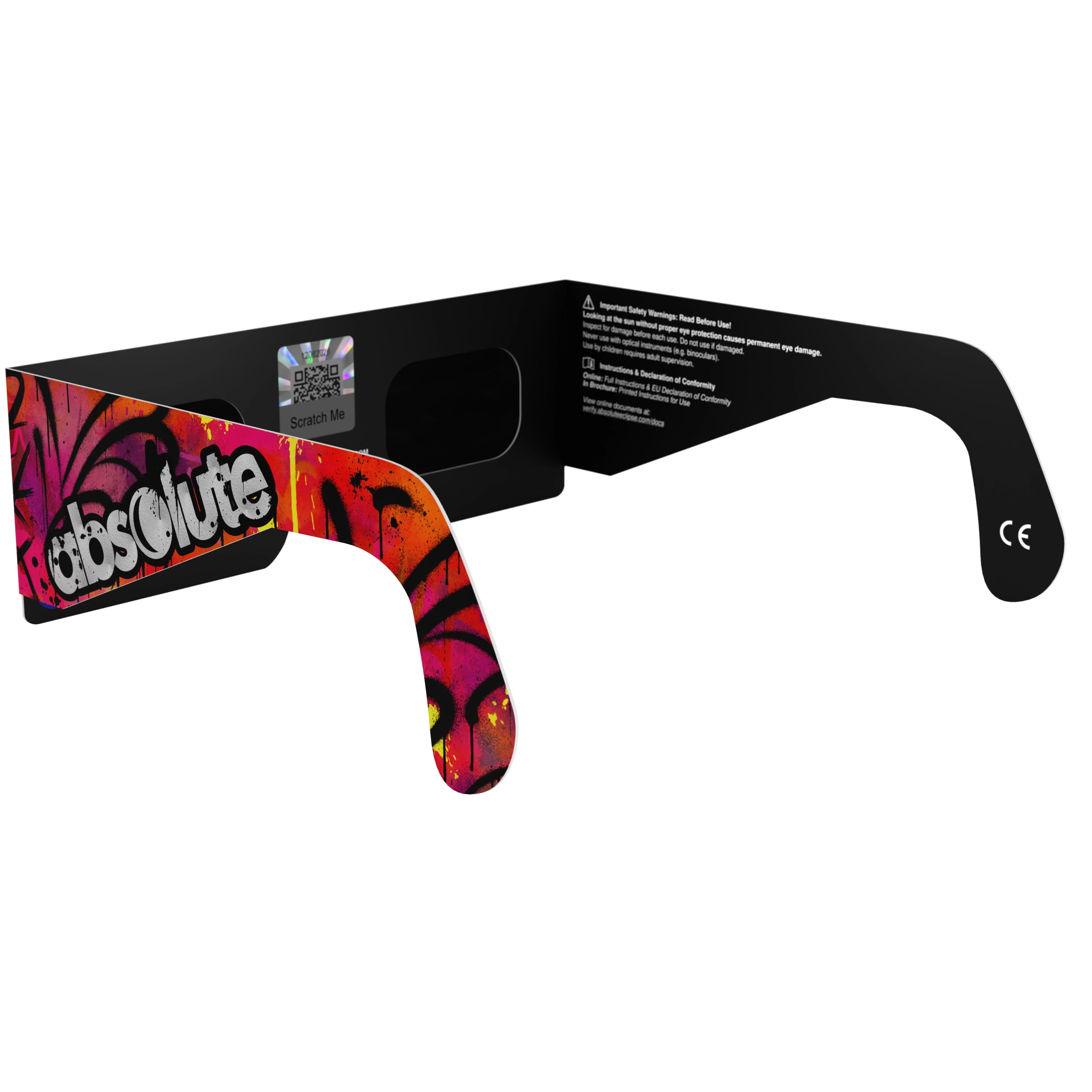 Back-side alternate angle view of graffiti design solar eclipse glasses, displaying the unique style and QR sticker.