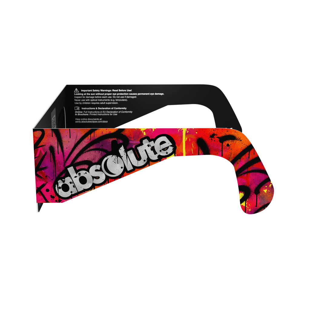 Clean side alternate profile view of graffiti design solar eclipse glasses, emphasizing their artistic design.