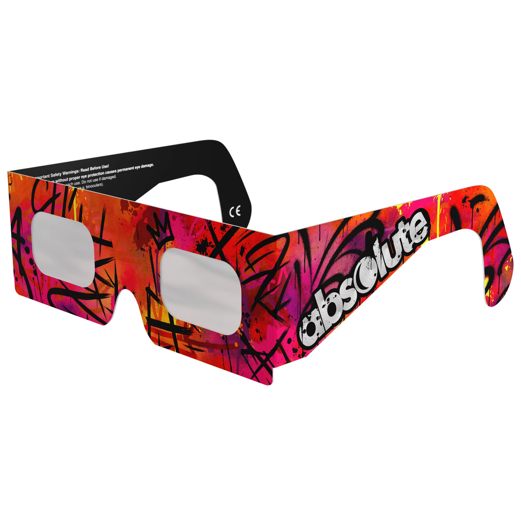 Front-side main angle view of graffiti design solar eclipse glasses, showcasing their vibrant urban style.