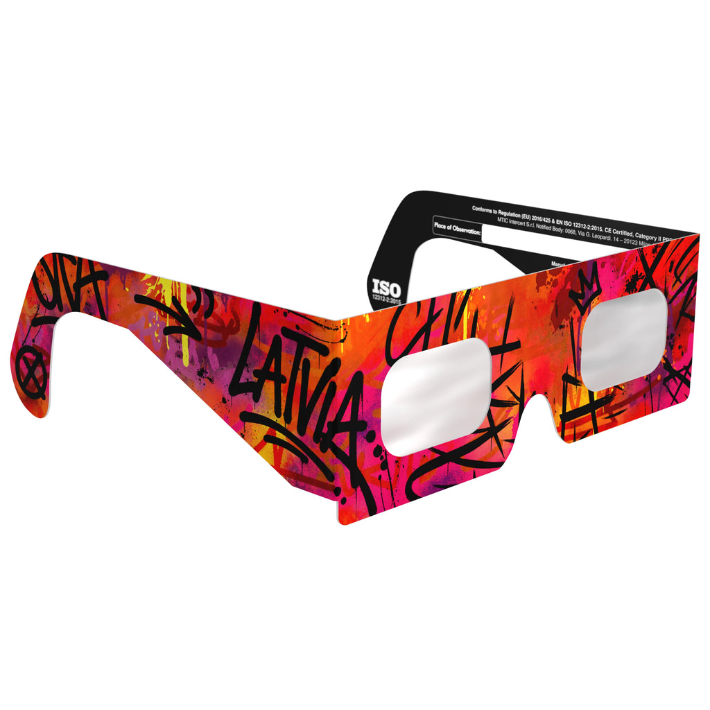 Clean 45-degree angle view of graffiti design solar eclipse glasses, highlighting their unique style and compliance standards.