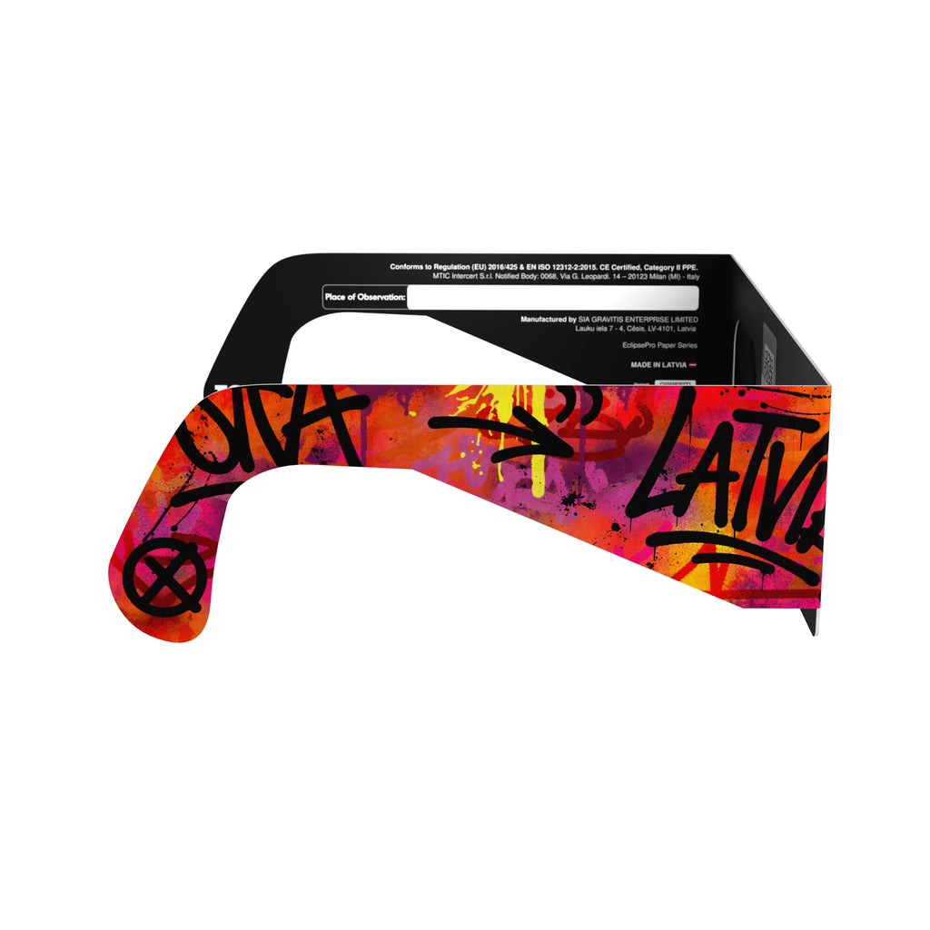 Side profile view of graffiti design solar eclipse glasses, showcasing their artistic design and safety features.