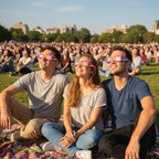 Group of friends at a public viewing event wearing graffiti design eclipse glasses, sharing smiles while gazing at the bright sky.