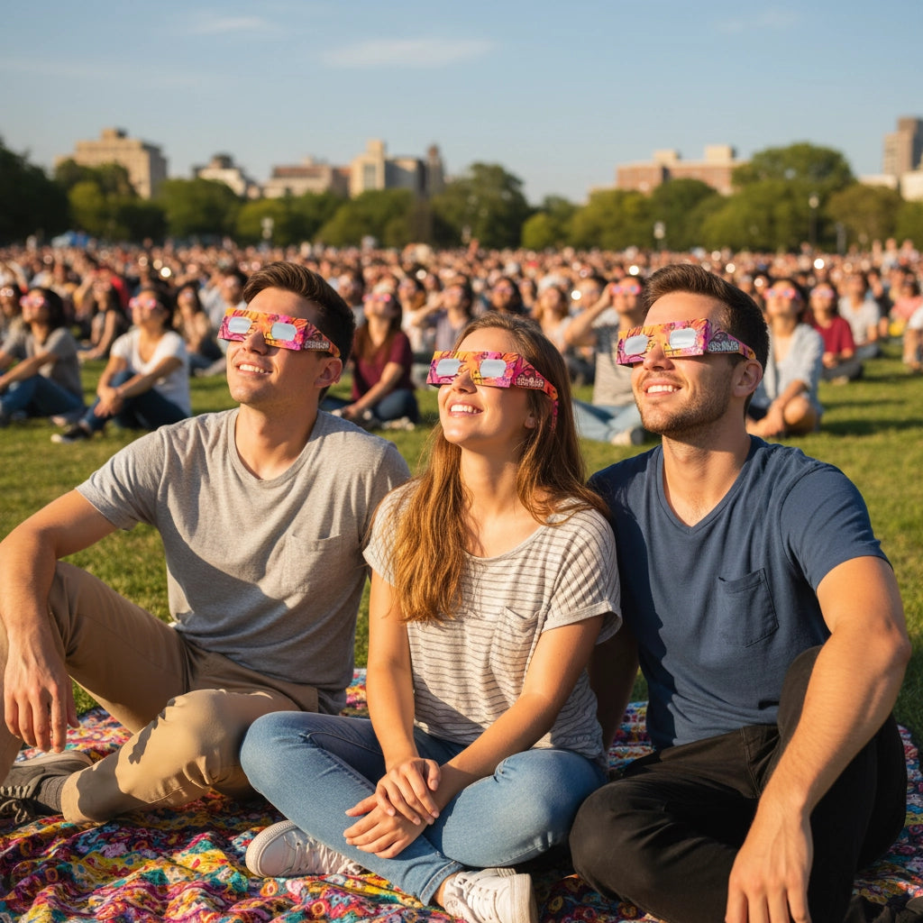 Group of friends at a public viewing event wearing graffiti design eclipse glasses, sharing smiles while gazing at the bright sky.