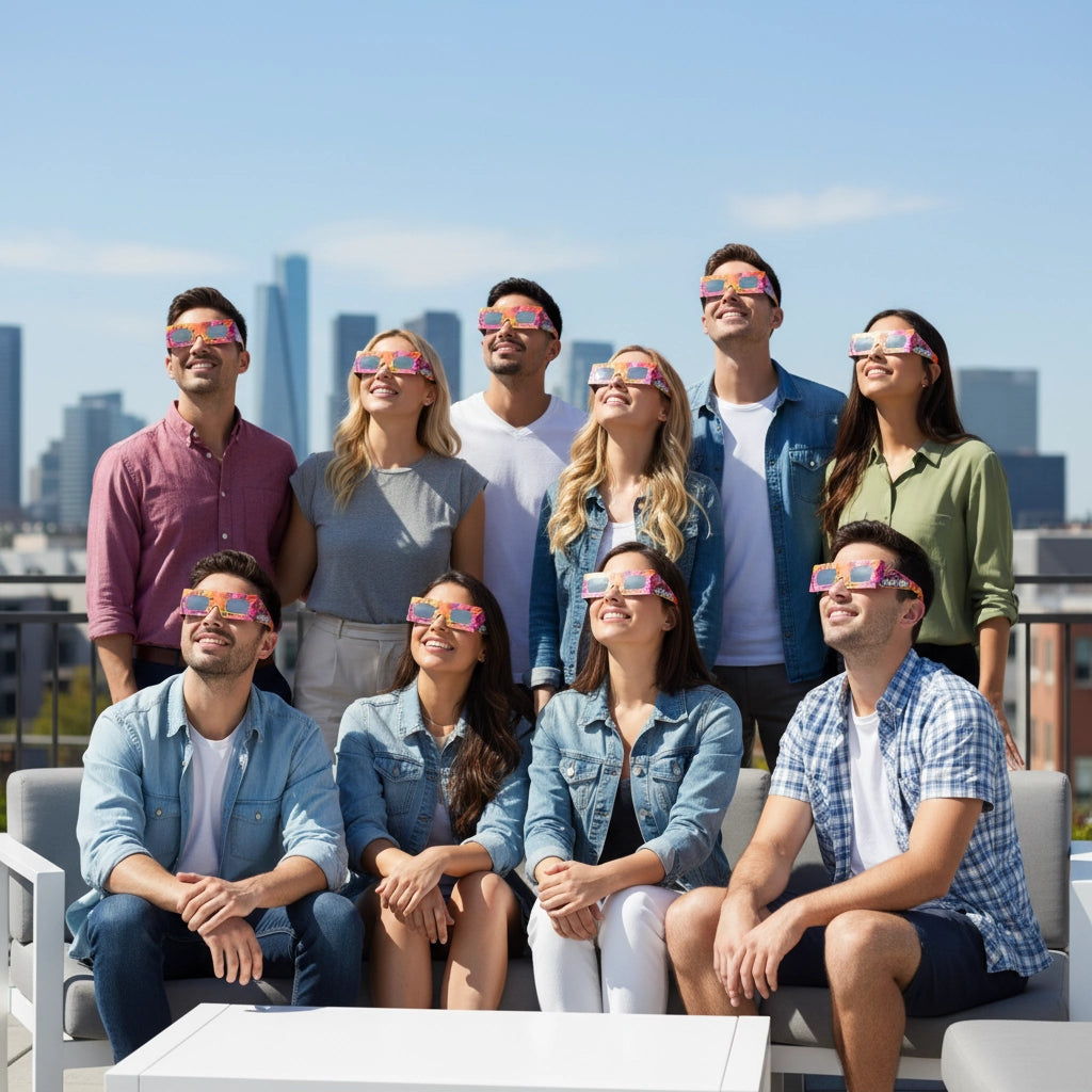 Diverse group of young adults wearing graffiti design eclipse glasses, enjoying a sunny rooftop gathering while looking up at the sky.