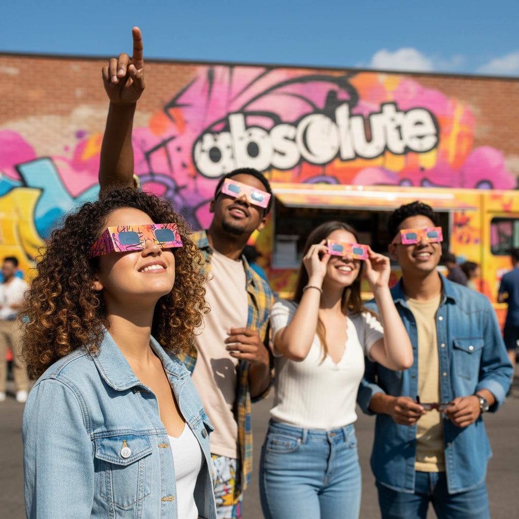 Friends at a vibrant street festival wearing graffiti design eclipse glasses, looking up with awe and excitement during a sunny day.