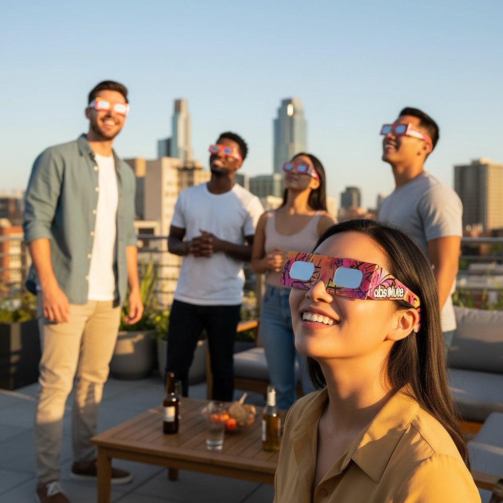 Group of friends wearing graffiti design eclipse glasses on a city rooftop, joyfully gazing at the sky during a sunny afternoon.