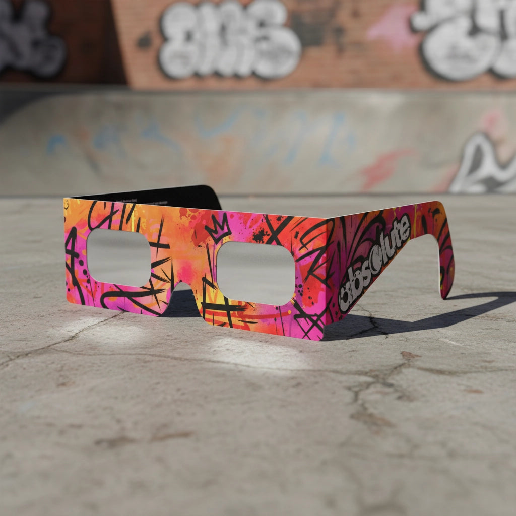 Graffiti design solar eclipse glasses resting on a gritty concrete surface, perfect for safe viewing. ISO 12312-2 certified.