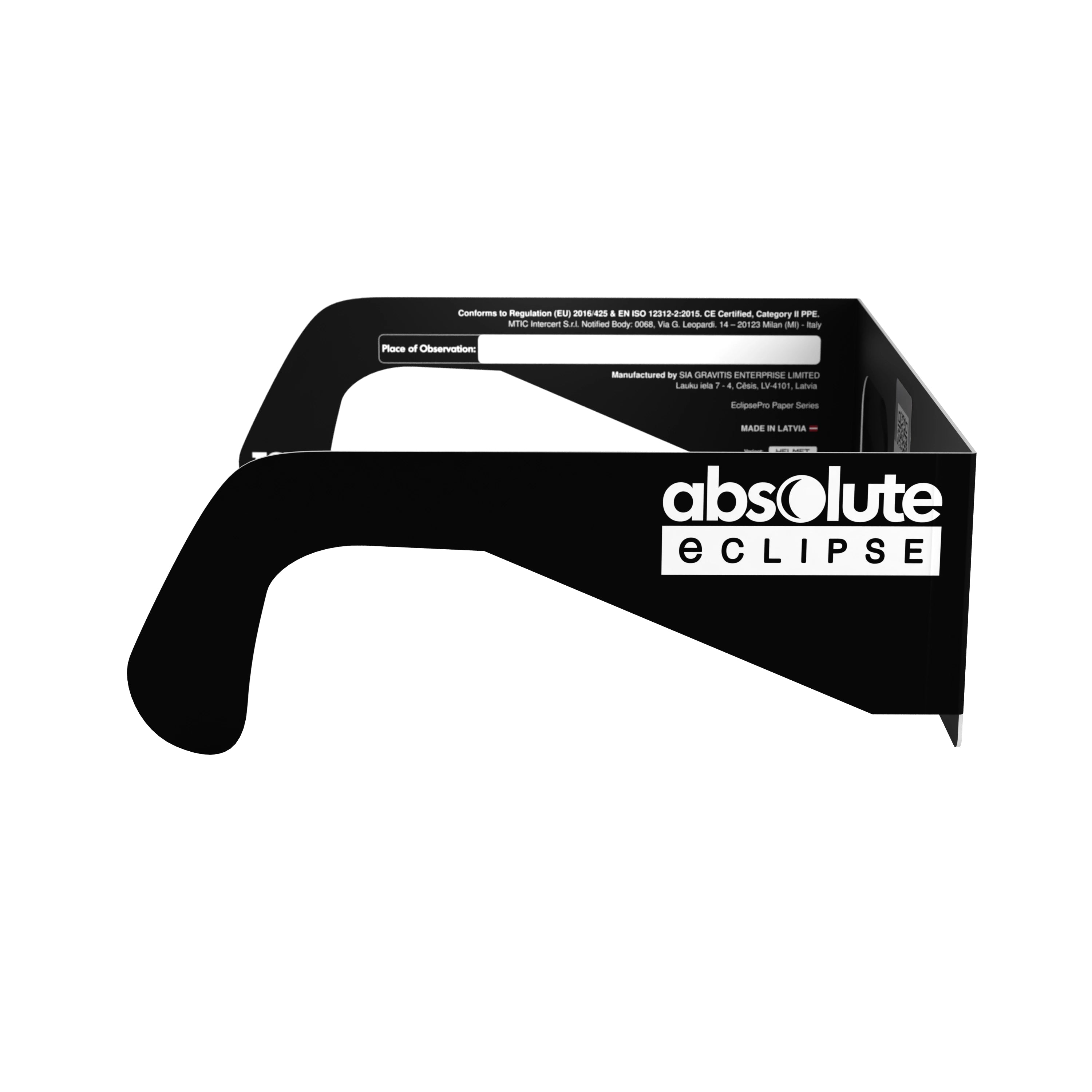 Side profile view of helmet-design eclipse glasses highlighting flat lens and secure fit.