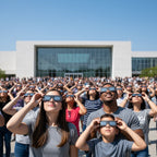 Large public viewing event with diverse crowd wearing helmet-design glasses, all looking up in excitement.