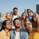 Friends at a rooftop gathering wearing helmet-design glasses, expressing excitement and joy. ISO 12312-2 certified.