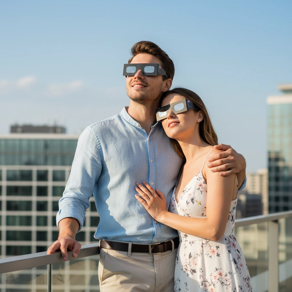 Stylish couple on a rooftop wearing helmet-design glasses, sharing awe under a clear blue sky. CE certified.