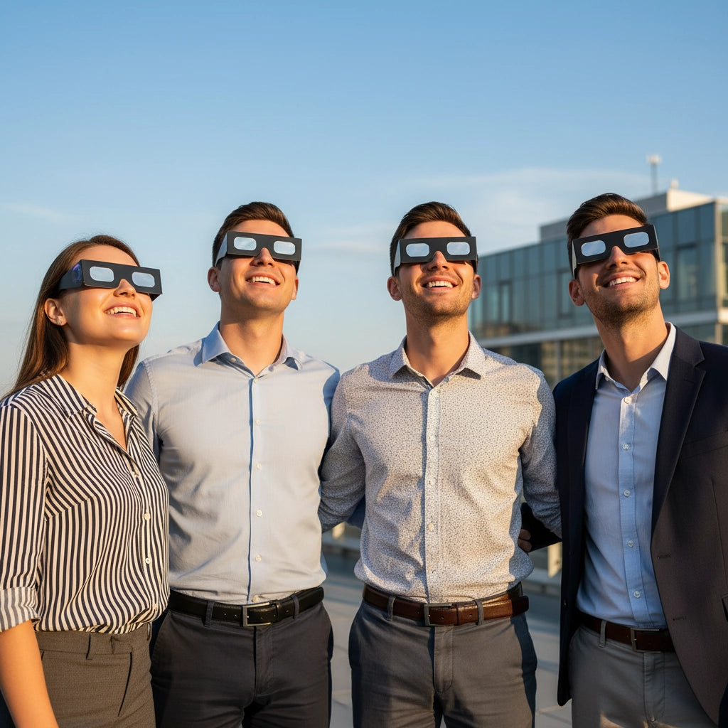 Young professionals on a corporate rooftop wearing helmet-design glasses, gazing skyward in a warm afternoon light.