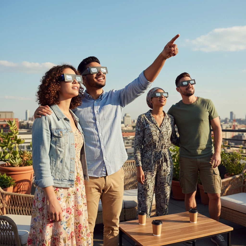 Diverse group of friends on a rooftop wearing helmet-design glasses, looking up in wonder. EU Regulation (EU) 2016/425 compliant.