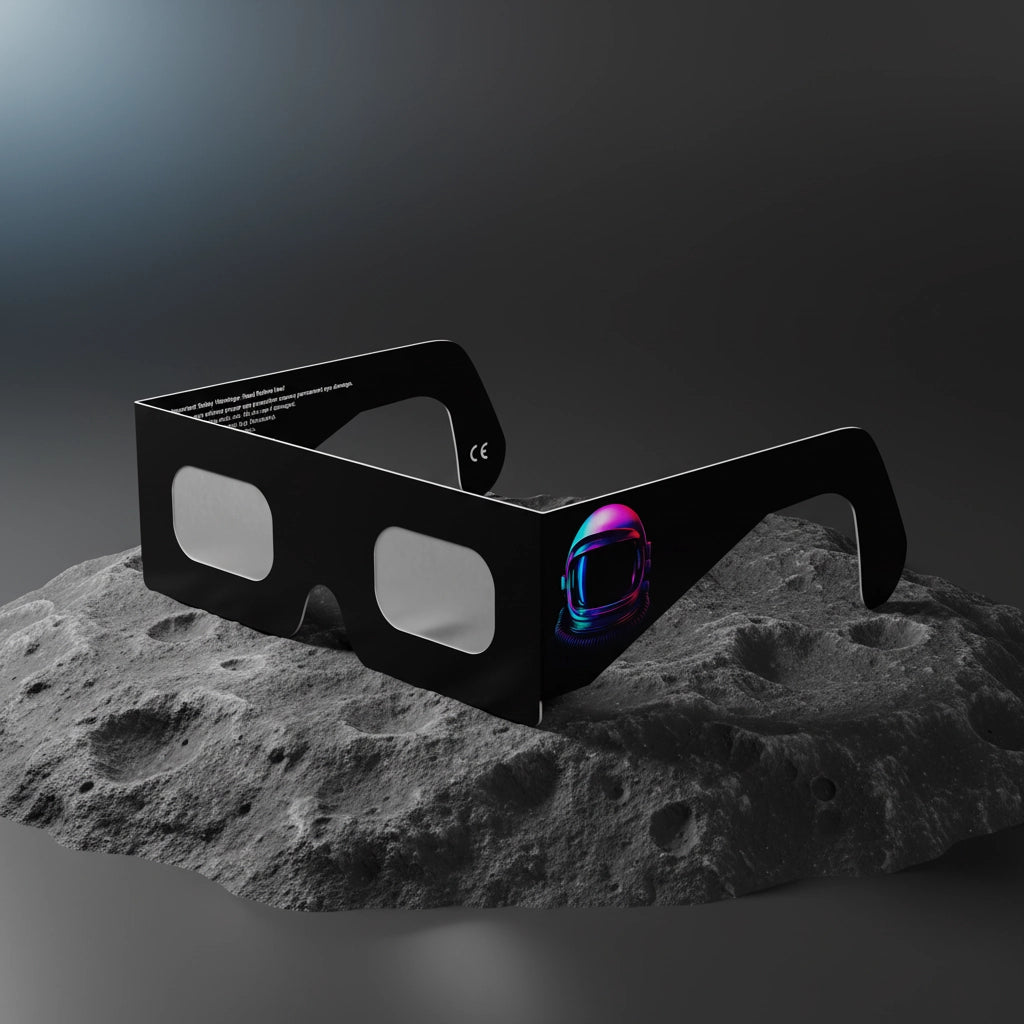 Professional product photograph of helmet-design eclipse glasses on lunar-like rock, ISO 12312-2 certified.