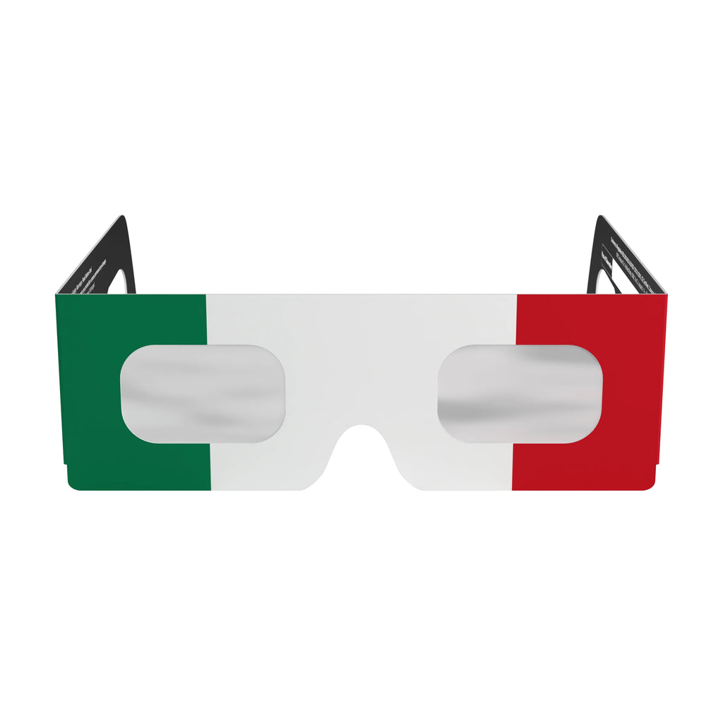 Clean front view of IT design solar eclipse glasses, highlighting their unique Italian colors and flat lens surface.