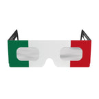 Clean front view of IT design solar eclipse glasses, highlighting their unique Italian colors and flat lens surface.