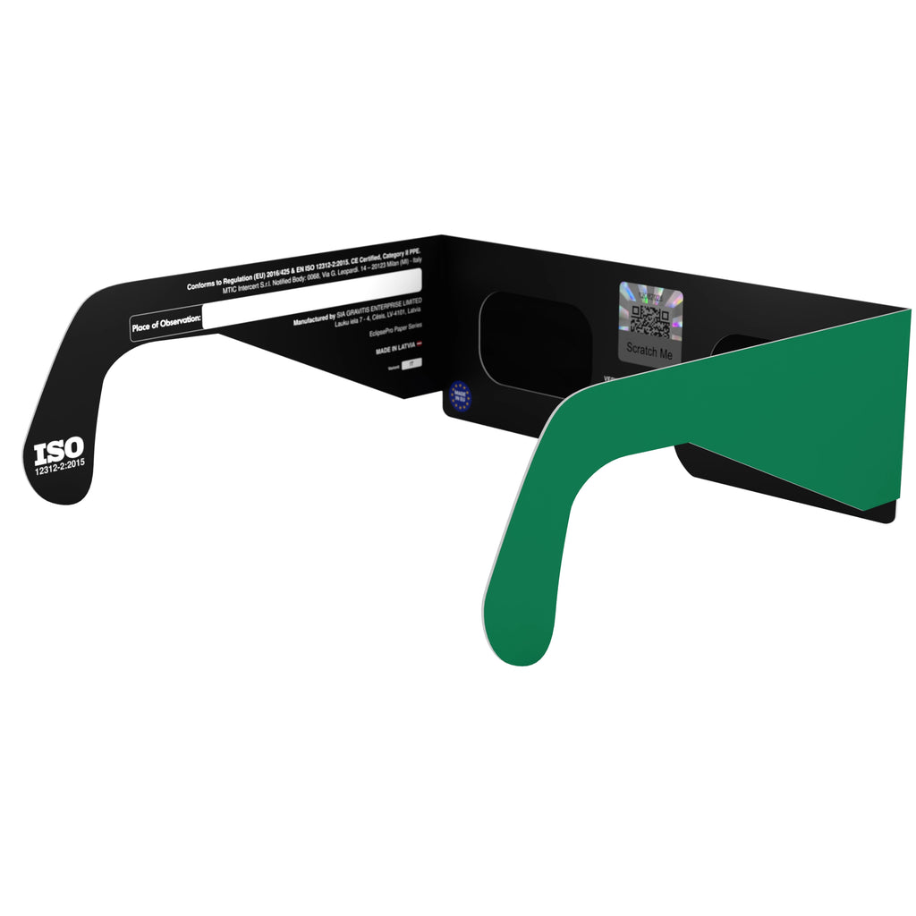 Back-side angle view of IT design solar eclipse glasses with QR sticker visible, showing off the vibrant design.