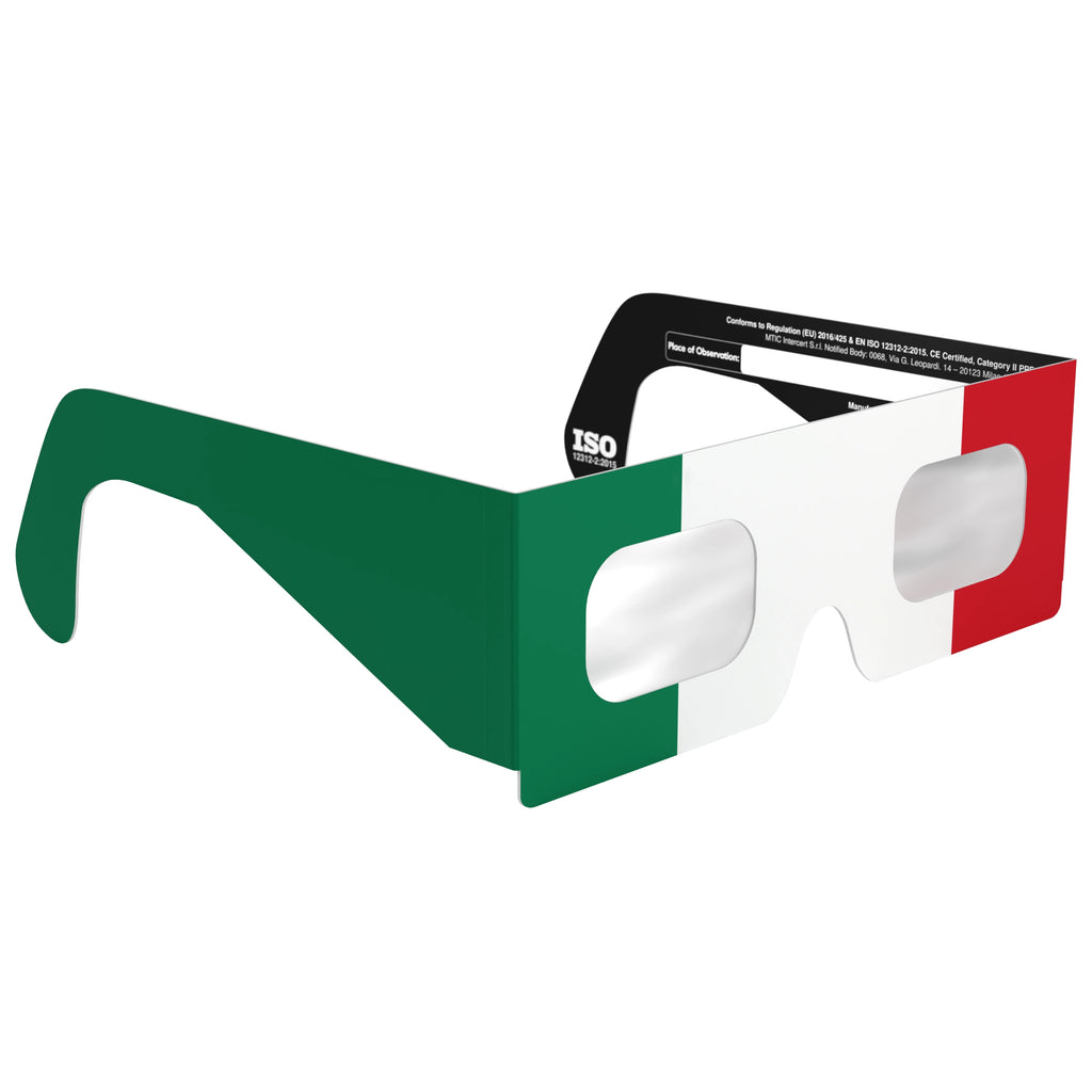 Front-side angle view of IT design solar eclipse glasses, showcasing the Italian flag colors and geometrically flat lenses.