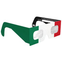 Seitliche Winkelansicht der Sonnenfinsternis-Brille im IT-Design, die die Farben der italienischen Flagge und die geometrisch flachen Linsen zeigt.