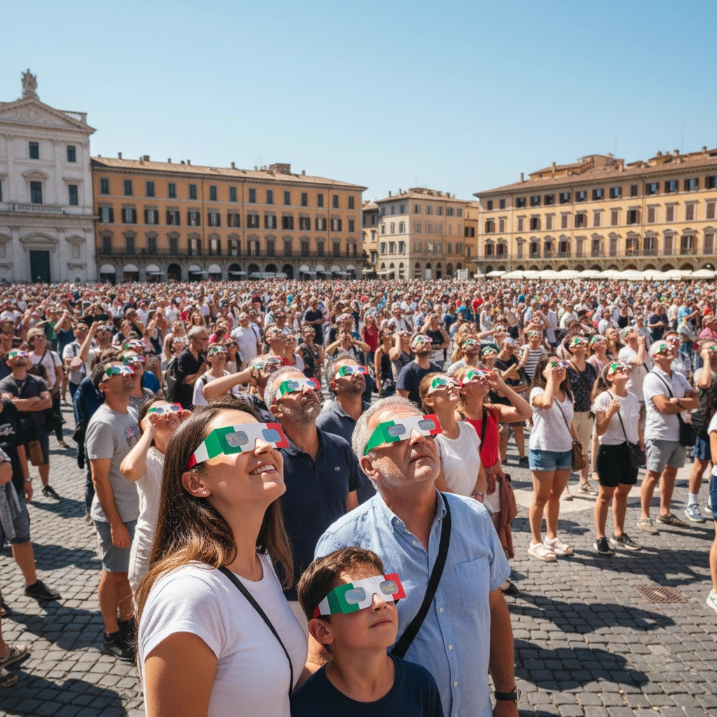 Massive crowd in a sunny Italian piazza, wearing IT design solar eclipse glasses, all looking upwards in excitement.