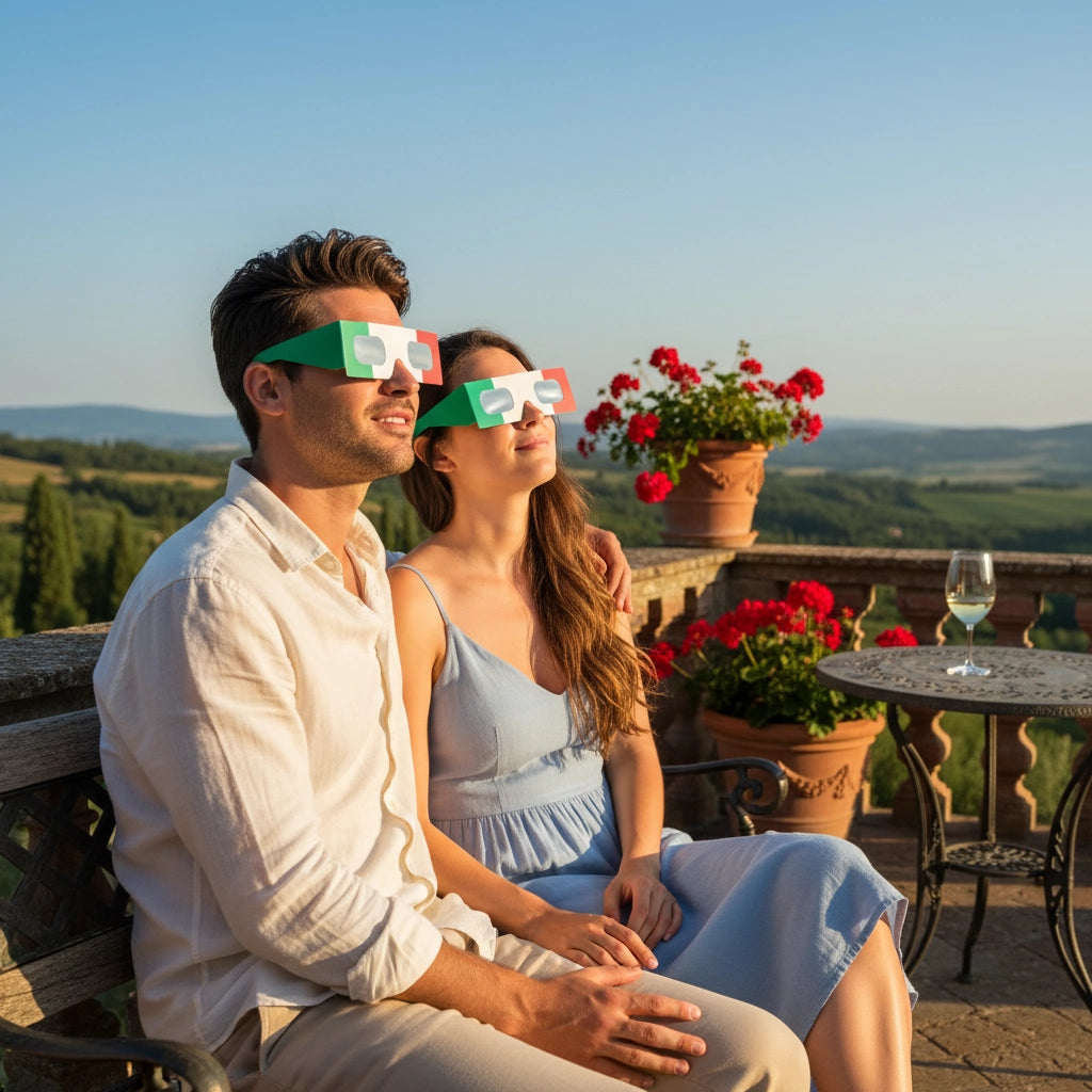 A couple on a Tuscan terrace, wearing IT design solar eclipse glasses, gazing up in quiet awe together.