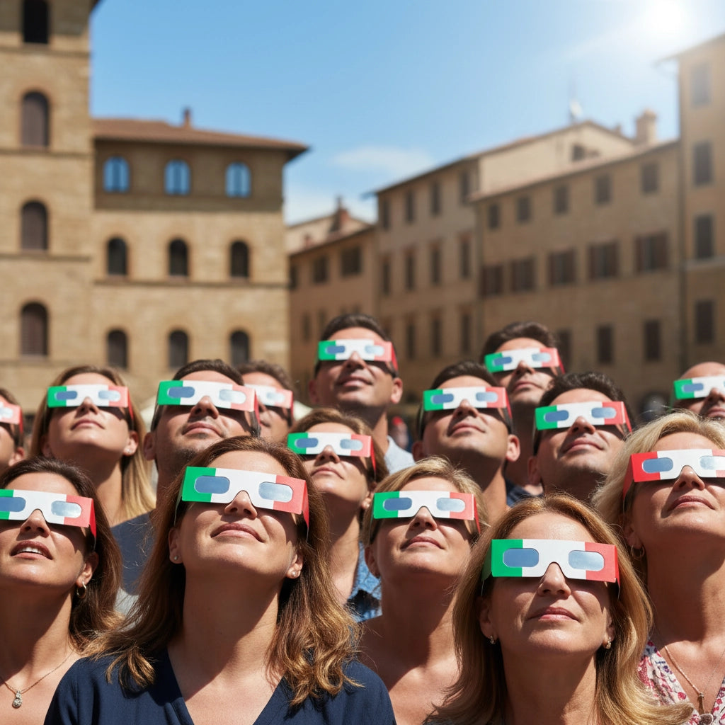 A large group at a community festival in an Italian piazza, all wearing IT design solar eclipse glasses, gazing at the sky.